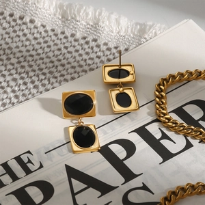 18k gold plated stainless steel geometric earrings with black oval stones for women