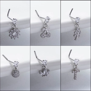 L-shaped stainless steel nose studs with cubic zirconia pendants in six diverse designs