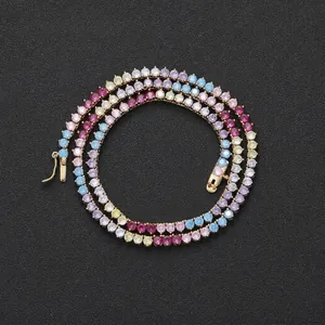 Tennis Kette Halskette Kupfer Vergoldet Bunte Zirkonia Mikro Pave Hip Hop Iced Out Regenbogen Gradient Schmuck