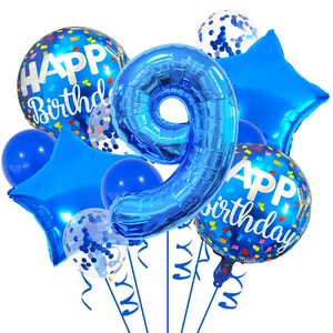Detailed set of blue 9th birthday balloons with giant number 9 and star foil designs