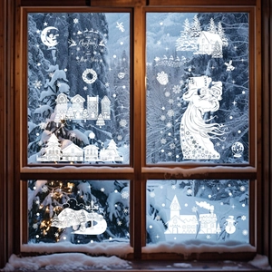Stickers de fenêtre de Noël blancs avec Père Noël et rennes sur fond d'hiver enneigé