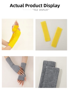 Detail of knitted arm warmers in neon yellow and grey colors with ribbed texture design