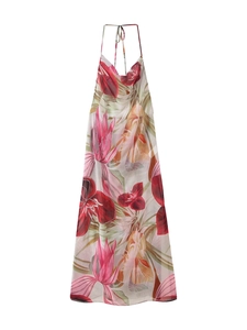 Vue détaillée à plat d'une robe maxi à fleurs dos nu avec décolleté licou et imprimés
