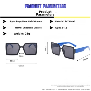 Detailed size chart for kids square sunglasses with frame measurements in millimeters