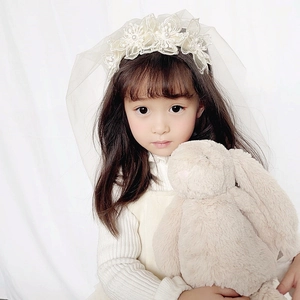 Girl's sweet birthday crown headband with cream lace veil and pearl flower tassels