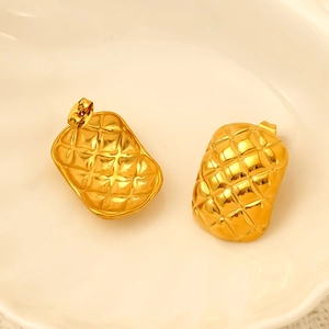 Polished gold woven geometric quilted stud earrings for women in stainless steel