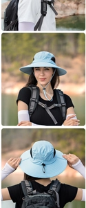 Dettaglio cappello parasole azzurro con tesa larga, rete traspirante e cordino regolabile