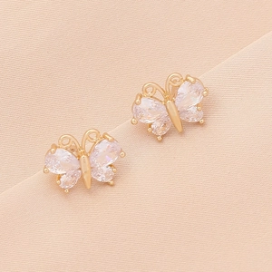 Fashionable golden butterfly stud earrings with sparkling clear cubic zirconia stones