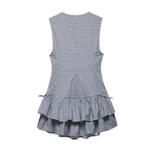 Blue and grey plaid sleeveless dress with tiered ruffle hem and checkered pattern