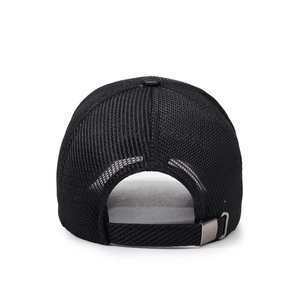 Breathable black mesh baseball cap with long brim and adjustable metal buckle back