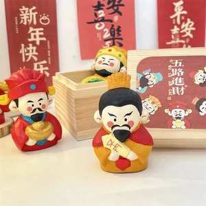 Set of 5 God of Wealth figurines in a wooden gift box for Chinese New Year desk decor