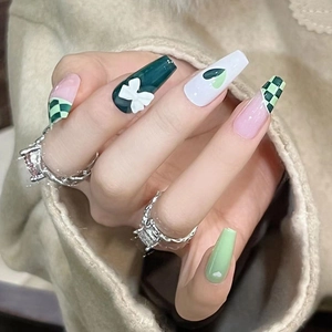 Matcha Green Checkerboard Press On Nails Long Coffin Fake Nails With White 3D Bow Heart Design Sweet French Style