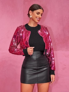 Chic women's bright pink sequin baseball jacket with black ribbed trim and zipper closure