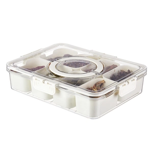 Clear plastic spice organizer with white dividers and airtight snap lid on white background