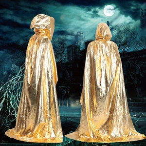 Detail of hooded gold cape featuring shiny metallic texture for Halloween costumes