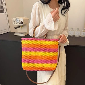 Straw Woven Tote Bag With Bamboo Handle Large Capacity Summer Beach Crossbody Handbag For Women French Chic