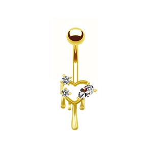 Golden heart navel ring with sparkling white zircon and creative liquid drop design