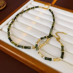 Chic bamboo-style necklace and bracelet set with green jade beads and white pearls