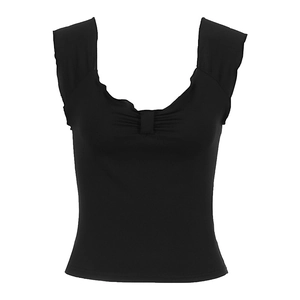 Close-up of black slim-fit top featuring sweetheart neckline and ruched chest detail