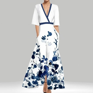 Elegant V-neck white maxi dress with deep blue floral print and cinched waist for women