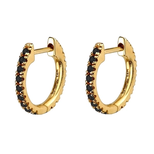 Detailed macro view of 14k gold plated hoop earrings with micro-paved black zircons