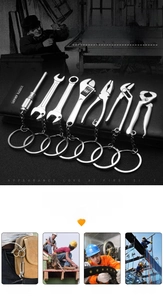 Mini metal tool keychain set including wrench and pliers on black leather background