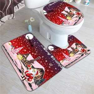 Three-piece Christmas bathroom set with Santa, reindeer, and snowman on festive mats