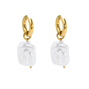 Baroque pearl drop earrings with 18K gold stainless steel hoops shown in front view