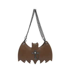 Gothic bat-shaped shoulder bag in dark brown leather with silver cross and metal chains
