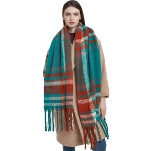 Women's multi-color plaid scarf with thick fringe tassel in soft cashmere-like fabric