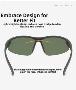 Detail view of lightweight sports sunglasses with wraparound frame and polycarbonate lenses