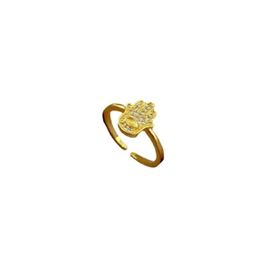 Gold Hamsa hand ring with pavé diamonds and adjustable open band for women