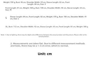 Detailed size chart for sequin tweed jacket with measurements in centimeters