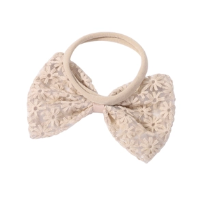 Beige lace daisy floral bow headband with stretch nylon band for baby girls
