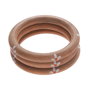 Three-piece wooden round bangle set with orange and white daisy floral patterns