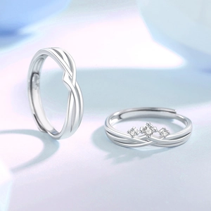 925 Sterling Silver couple rings featuring cross twisted design and three-stone setting