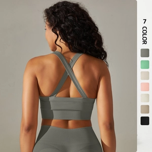 Seamless Knit Cross Back Sports Bra For Women Breathable Yoga Fitness Tank Top Solid Color Gym Running Crop Top