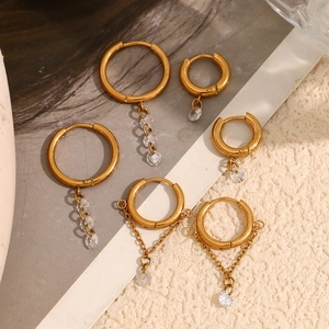 Detailed set of 18K gold plated hoop earrings featuring white zircon pendants and tassels