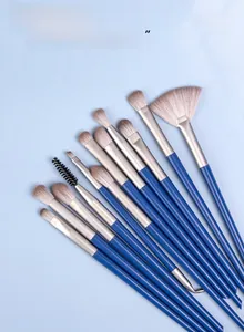 Close-up of 12 professional eye makeup brushes with blue plastic handles and soft fibrous hair