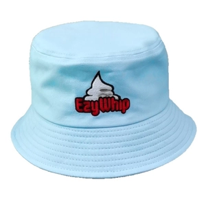 Light blue cotton bucket hat with EzyWhip embroidery on a plain white background