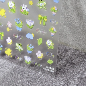 Stickers ongles 5D autocollants avec lapins mignons et motifs floraux colorés