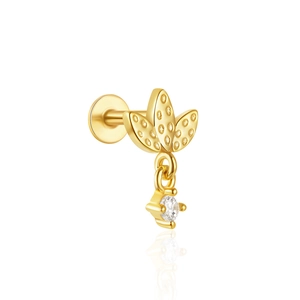 Detailed view of a gold leaf stud earring with a hanging clear round diamond pendant