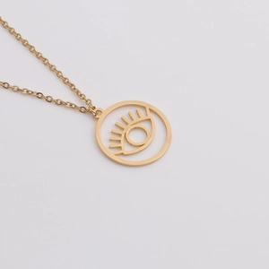 Minimalist gold stainless steel necklace with round cutout evil eye pendant for women