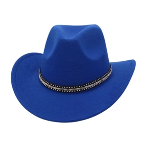 Royal blue vintage felt cowboy hat with wide brim and rhinestone studded black band