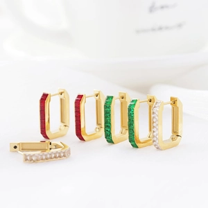 Minimalist gold-plated stainless steel hoop earrings with red, green and white zircon gems