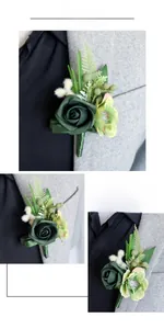 Detailed views of a dark green PE rose boutonniere pinned to a grey suit lapel