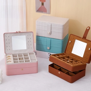 Detail of multi-layer jewelry box showing pink and white colors with interior mirror