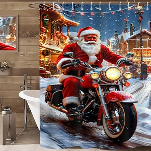 Christmas shower curtain featuring Santa riding a red motorcycle in a snowy village scene