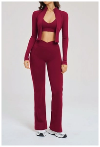 Dettagli del set yoga 3 pezzi con pantaloni a zampa bordeaux e vita alta incrociata