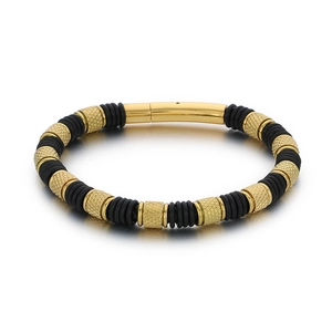 Men's woven black and gold stainless steel bracelet with textured metal beads on white background